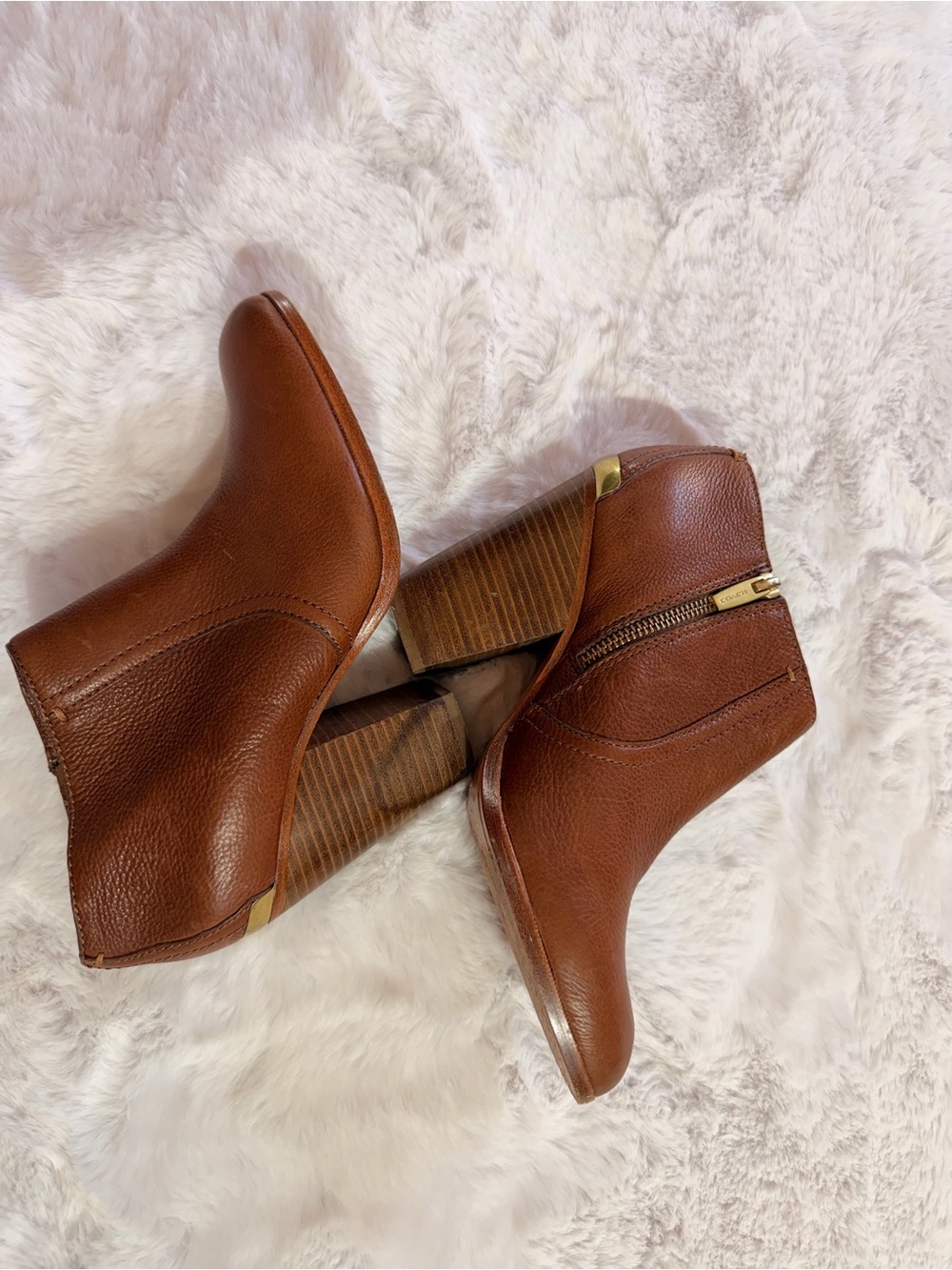 Coach Brown Leather Ankle Booties with Stacked Heel